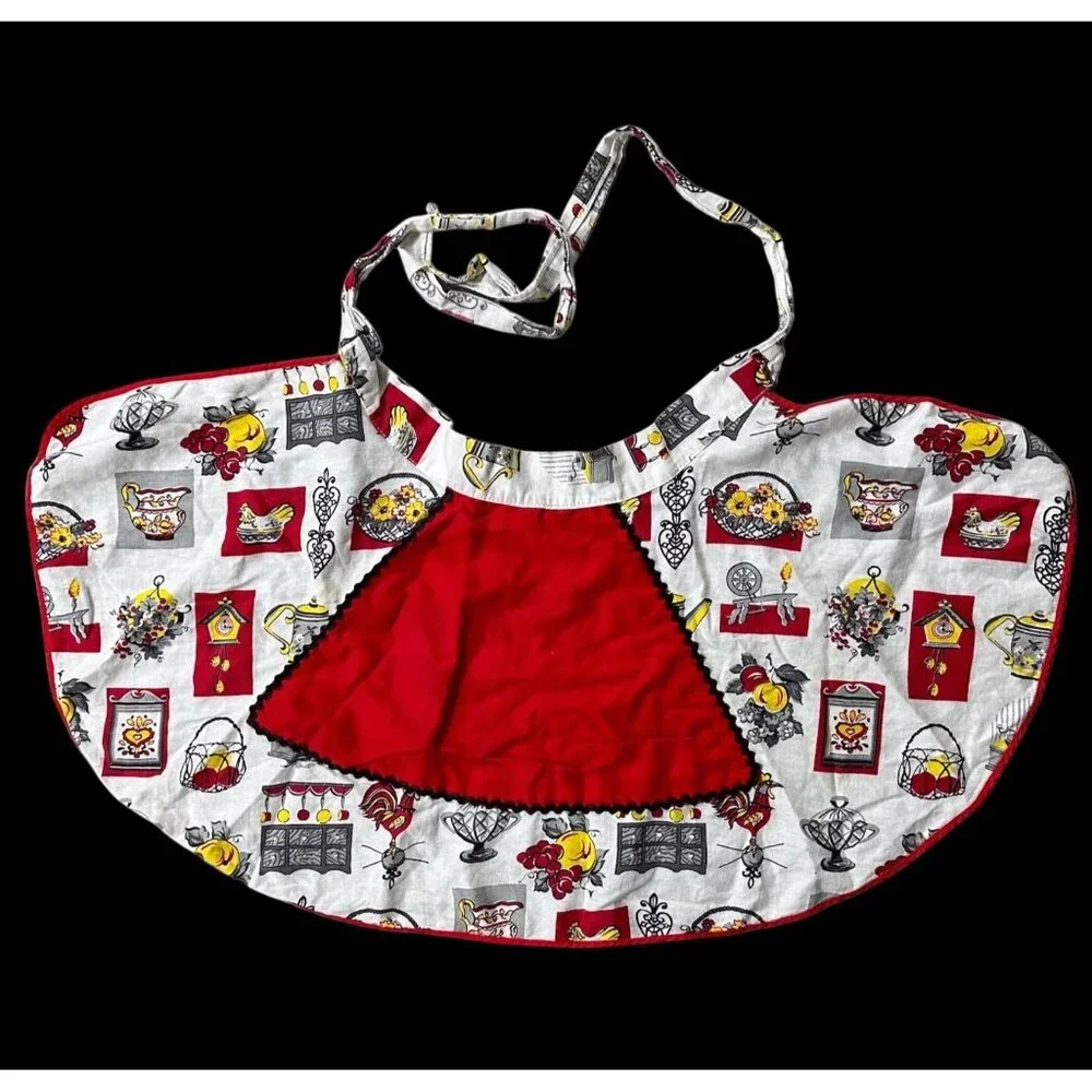 Vintage Handmade Kitchen Apron Pocket Retro Kitschy Red White Yellow Ties